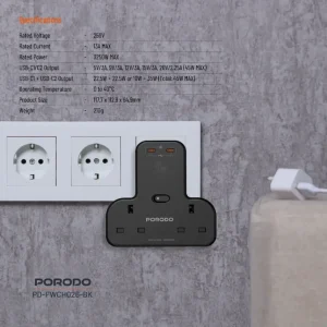 چندراهی برق Porodo مدل FWC026 با توان ۳۲۵۰ وات و خروجی PD 45W