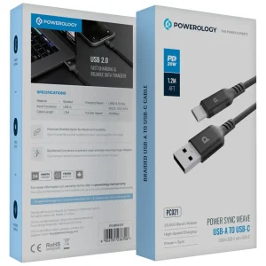 کابل USB-A به USB-C پاورولوژی مدل PC021 (۱.۲ متر) مدل Powerology Power Sync Weave USB-A to USB-C Cable PC021