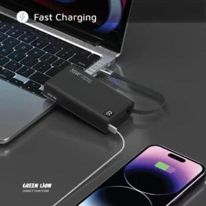 پاوربانک گرین لاین مدل Retractable با ظرفیت 10000 میلی‌آمپر 35 وات با کابل جمع‌شونده
