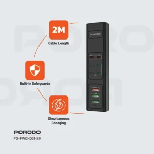 هاب شارژر USB چند پورت Porodo مدل FWC031 توان ۸۵ وات