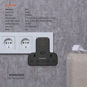 چندراهی برق Porodo مدل FWC026 با توان ۳۲۵۰ وات و خروجی PD 45W
