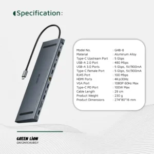 هاب USB-C گرین لاین مدل 12 در 1 Green Lion 12-in-1 4K HDMI USB-C Hub