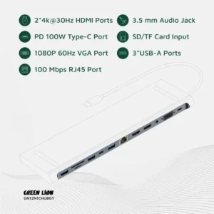 هاب USB-C گرین لاین مدل 12 در 1 Green Lion 12-in-1 4K HDMI USB-C Hub