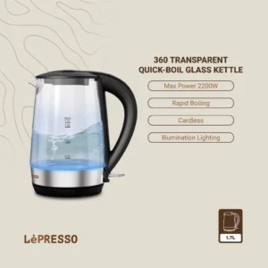 کتری برقی شیشه‌ای لپرسو مدل 360 درجه با ظرفیت 1.7 لیتر