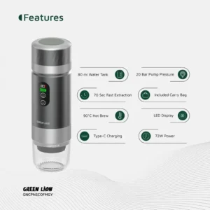 قهوه‌ساز قابل حمل گرین لاین مدل Campinas (۲۰ بار فشار، ۷۲ وات، نمایشگر LED) Green Lion Campinas Portable Coffee Maker 20Bar 72W LED