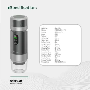 قهوه‌ساز قابل حمل گرین لاین مدل Campinas (۲۰ بار فشار، ۷۲ وات، نمایشگر LED) Green Lion Campinas Portable Coffee Maker 20Bar 72W LED