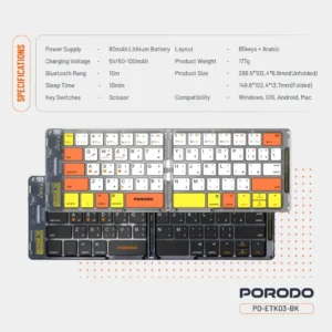 کیبورد بی‌سیم تاشو پرودو مدل Porodo Crystal Shell Wireless Foldable Keyboard
