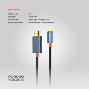 کابل HDMI به Lightning پرودو (۱.۸ متر، 1080P) مدل Porodo Woven Braided Lightning HDMI Cable 1.8M 1080P