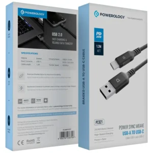 کابل USB-A به USB-C پاورولوژی مدل PC021 (۱.۲ متر) مدل Powerology Power Sync Weave USB-A to USB-C Cable PC021